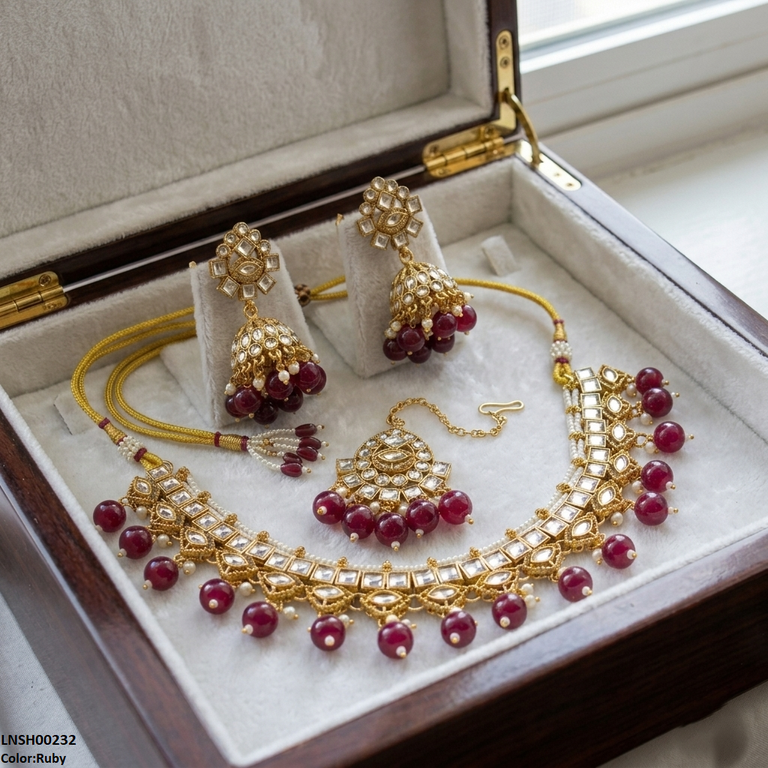 Square Stone Pearl Drop Rajwari Necklace Set